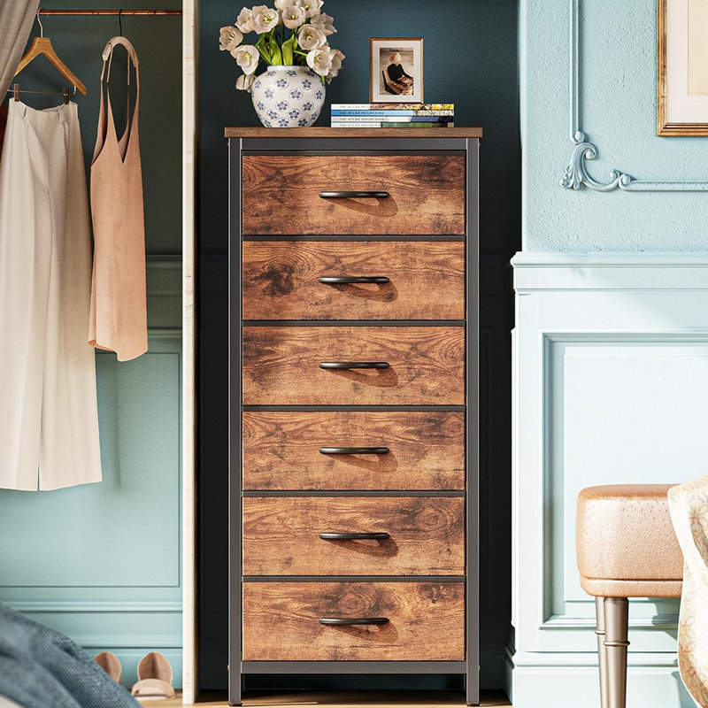 Grande commode pour chambre à coucher, commode 6 tiroirs et commodes, commode en tissu pour placard, chambre à coucher, table de chevet, table de bout avec structure en métal, tour de rangement avec bacs en tissu, brun rustique