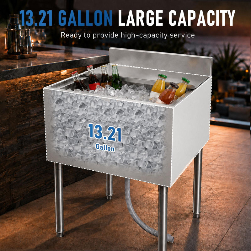 Bac à glace commercial, glacière en acier inoxydable de 61 cm avec couvercle coulissant, bac à glace, seau à glace, contenant à glace, porte-glaçons, avec tuyau de drainage, pour restaurants, pubs, cafés et usage commercial