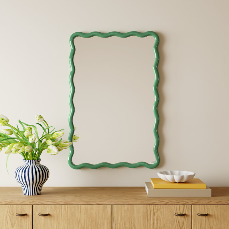 Allurine Solid Wood Wavy Wall Mirror - Green Frame