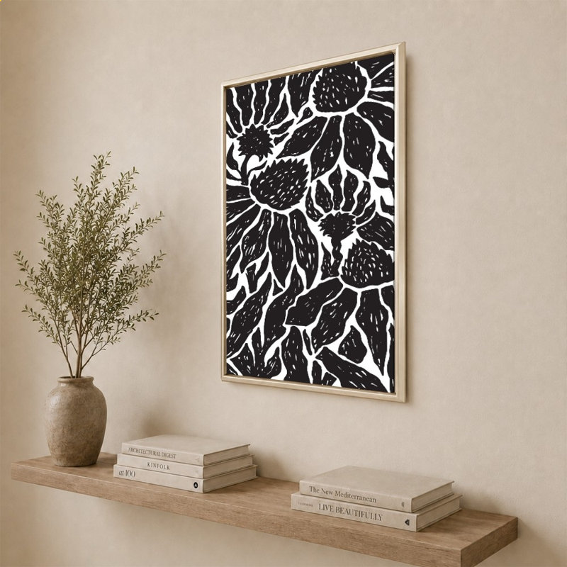 Linogravure BW Floral par Elizabeth Medley - impression sur toile