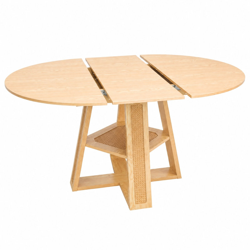 Table de salle à manger ronde extensible de 110 à 150 cm pour 4 à 6 personnes, table de cuisine transformable en ovale avec rallonge amovible, piètement en croix et tablette de rangement