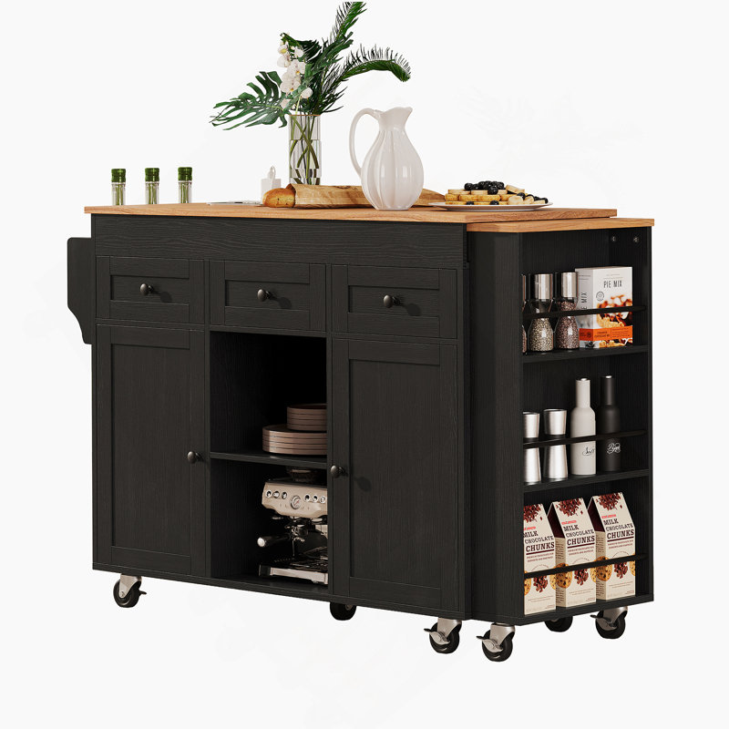 Îlot de cuisine 85,5 po avec table de salle à manger extensible, table de rangement avec 3 tablettes ouvertes latérales, îlot de cuisine roulant avec prise de courant, 3 tiroirs, 2 portes, pour la cuisine, la salle à manger, noir