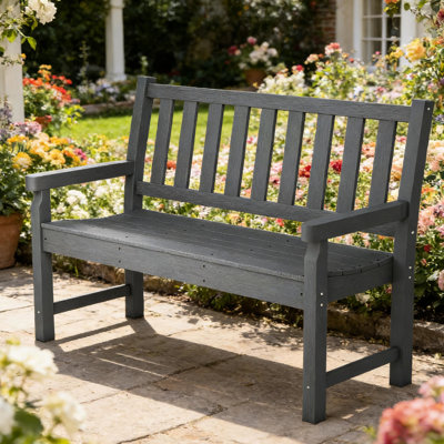 Banc résistant aux intempéries, 2 places, siège à lattes, imputrescible, aspect bois réaliste, structure grise, courbé pour pelouse