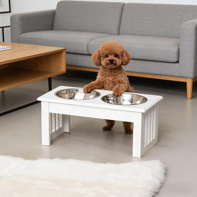 Mangeoire blanche pour chien avec côtés à lattes, support en bois aggloméré avec bols amovibles en acier inoxydable pour petits chiens