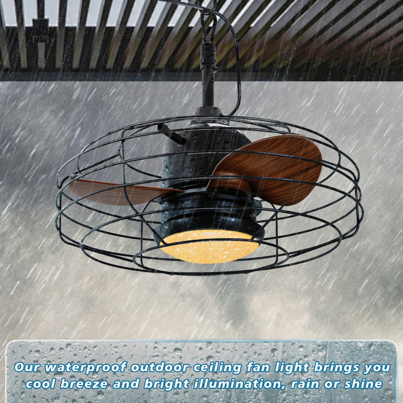 20" Caged Outdoor Hanging Fan With Light & Remote - Ip44 Waterproof For Pergola And Patio