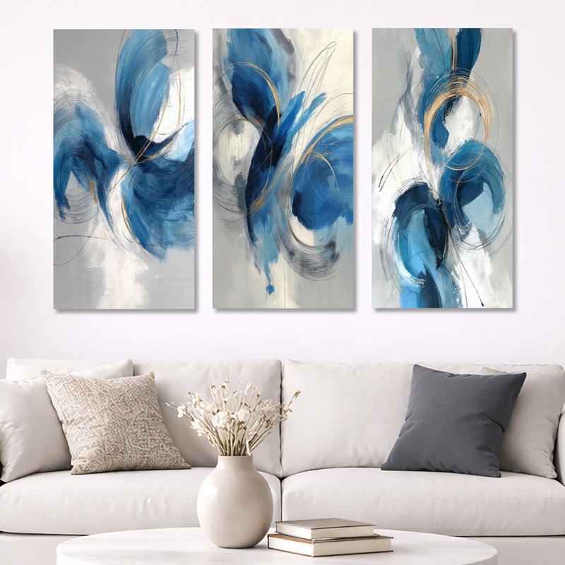 Tourbillon abstrait dans des tons bleus et blancs - art mural encadré abstrait, 3 pièces, H 40 po x l 60 po, Toile tendue