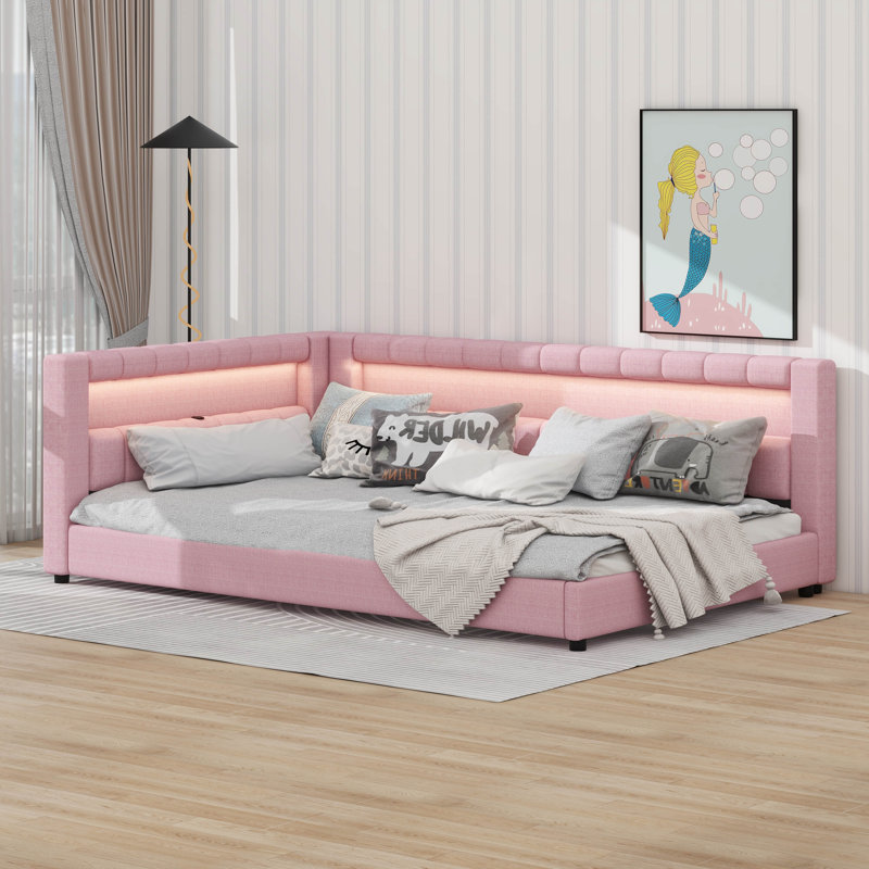 Upholstered Daybed With Storage, L-Shaped Daybed With LED Belt And USB Ports, Full XL, Pink