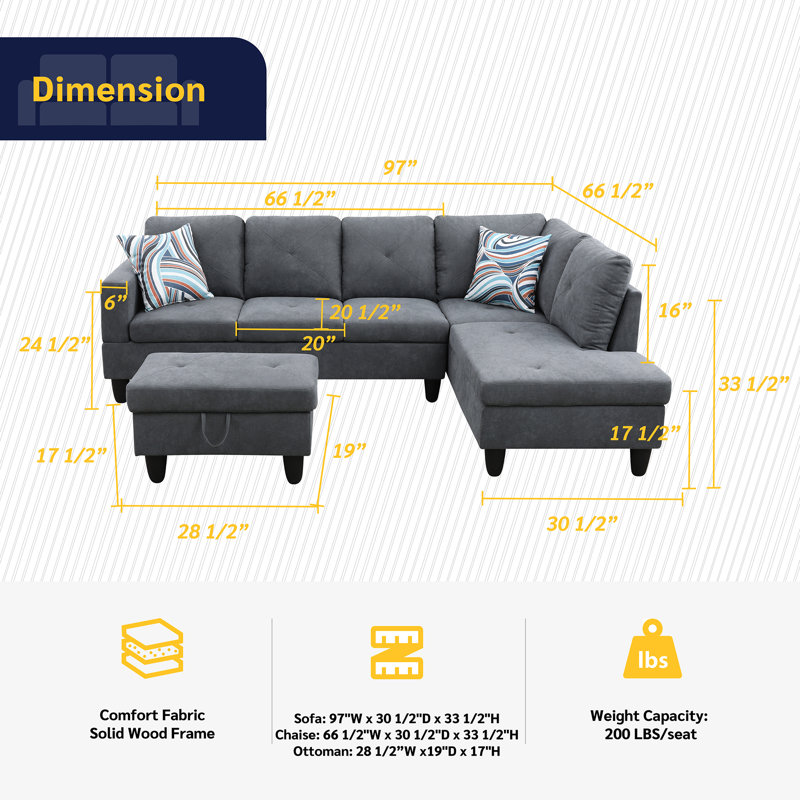Amay 3 - Piece 97"W Upholstered Sectional with Storage Ottoman, Right Hand Facing, Gray Microfiber/Microsuede