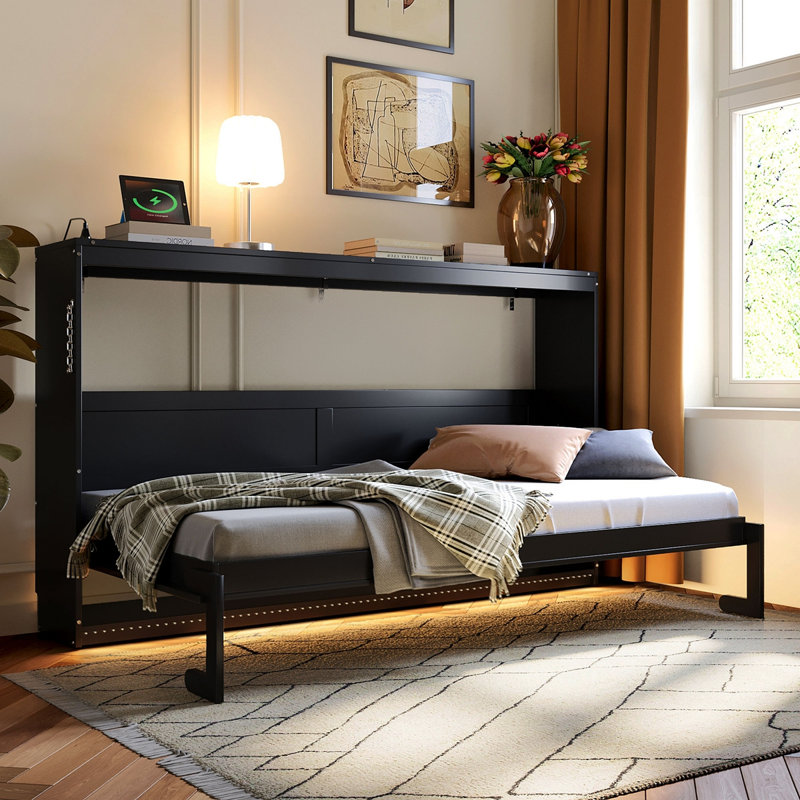 Lit escamotable simple pliant latéral simple avec motif imprimé tendance, éclairage DEL sous le lit et prise USB intégrée - Design compact - noir