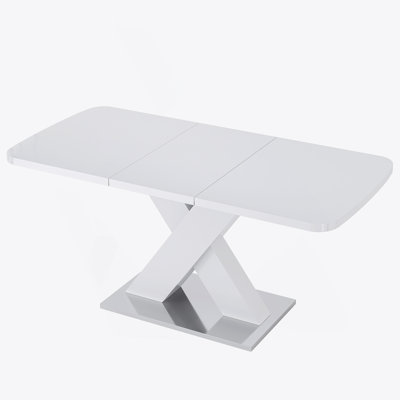 Modern Square Dining Table, Stretchable, White Table Top+MDF X-Shape Table Leg With Metal Base
