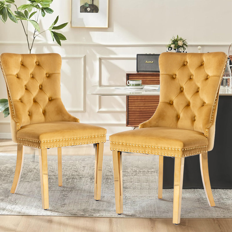 Chaise de salle à manger en velours avec anneau à dossier et pieds en bois massif, 2, Doré, Doré