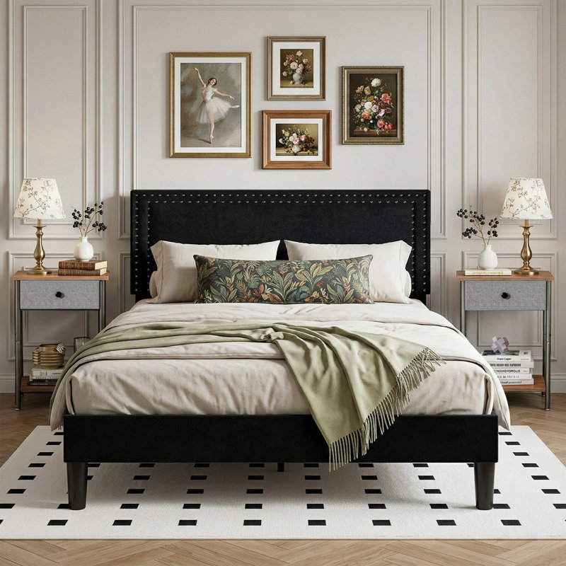 Ensemble de chambre en velours capitonné avec lit et 2 tables de chevet, aucun lit plateforme tapissier requis, Brown/Grey