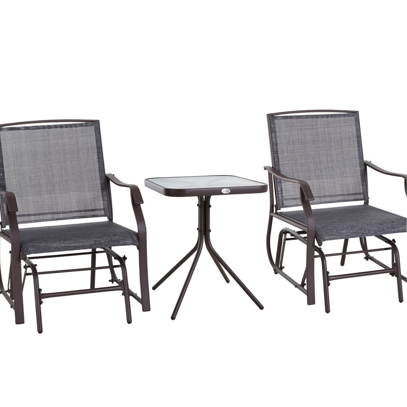 3 Piece Outdoor Glider Chair - . Gray 2 Patio Rocking Swing Chairs With Breathable Sling. Glass Tabletop For Spaces. Suitable Backyard, Garden And Porch. Steel Frame Backyard Table Chairs, Gray,