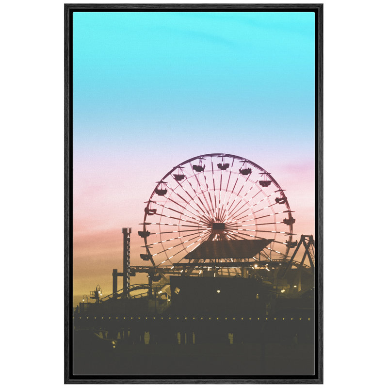 Signature signée, impression sur toile encadrée, grande roue à la jetée au crépuscule, photographie de plage, art moderne, nautique, paysage, coloré, ultra pour le salon, la chambre à coucher, le bureau - 24 po x 36 po - blanc