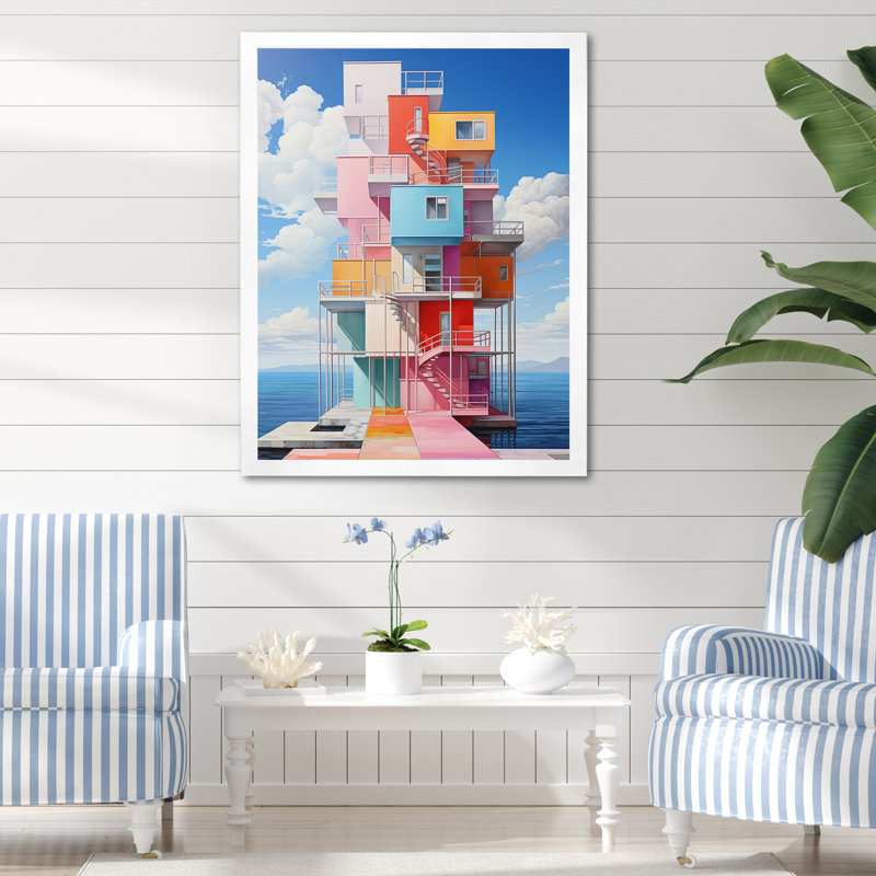 Phare de Stijl Lansdcape II sur toile, Cadre simple blanc, H 32 po x l 16 po x P 1 po