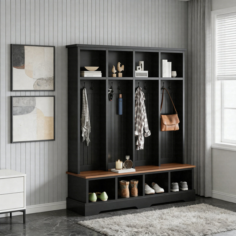 Farmhouse Hall Tree With 8 Hooks And Storage Bench – 76.7" 3-In-1 Entryway Coat Rack With Open Shoe Compartments, Black