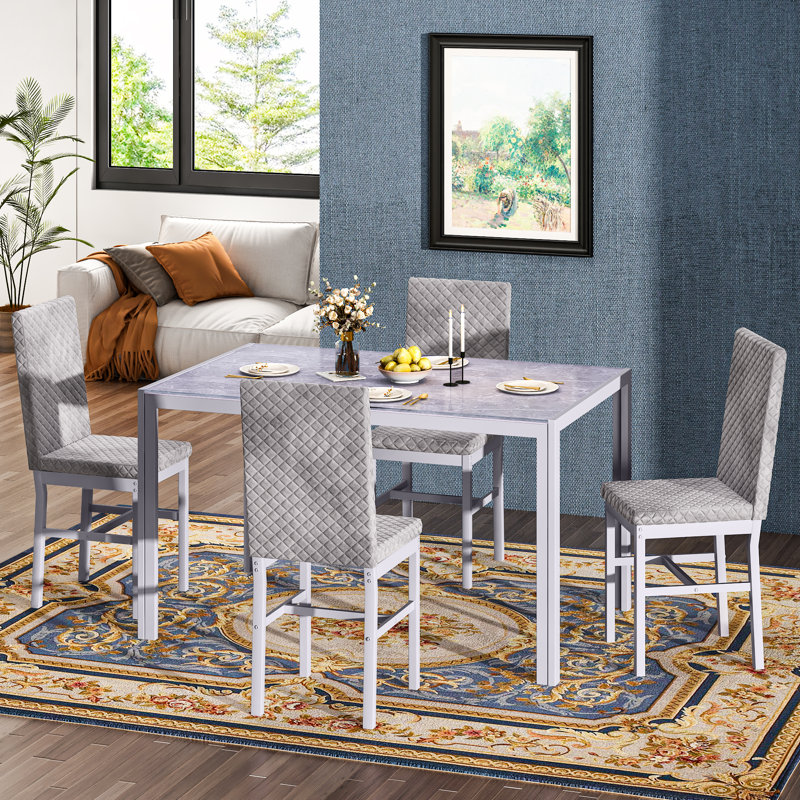 Tempered Glass Dining Table Set For 4, Modern Style Rectangle Dining Room Table Set With 4 Upholstered Armless Dining Chairs, Kitchen Table And Chairs Set For Small Spaces