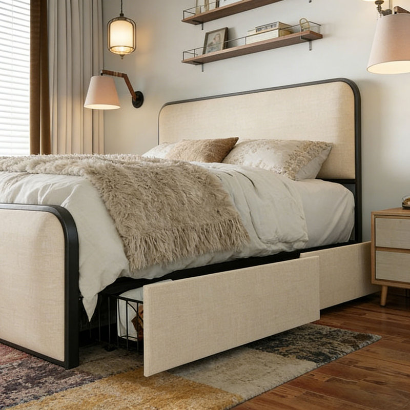 Cadre de lit en métal doré moderne, Beige/noir, Queen