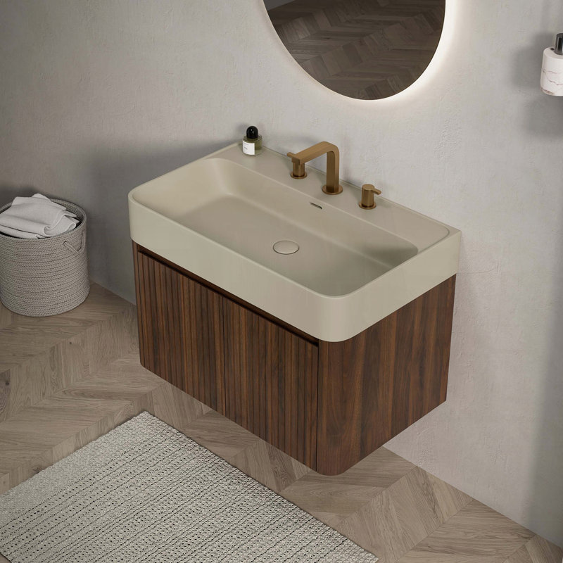 Meuble-lavabo suspendu avec lavabo intégré en surface solide beige crème et meuble en bois imitation noyer