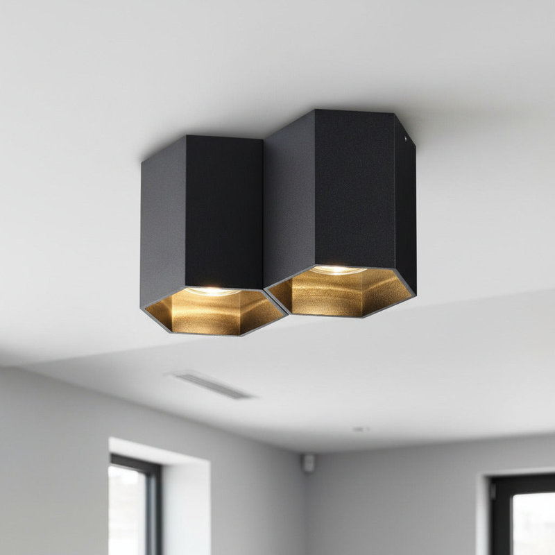 UltraBeam GU10 LED Dimmable Hexagonal Surface Mounted Ceiling Spotlight - 3000k warm white, Black, 11cm H x 10.4cm W x 11cm D