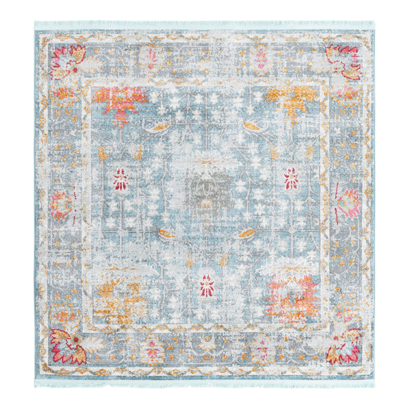 Tapis bleu à motif floral Haefner, Carré 5 pi 5 po