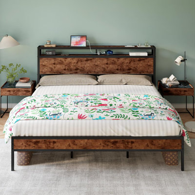 Tryston Bed Frame Industrial Platform Bed with Charging Station