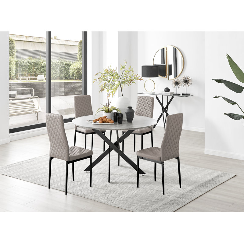 Tierra Modern Chrome Metal & Glass Round Dining Table Set with Quilted Faux Leather Chairs, 4, Cappuccino