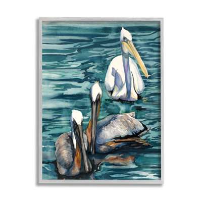 Pelicans at Sea Painting Gray Framed Giclee Art by Liz Sunridge