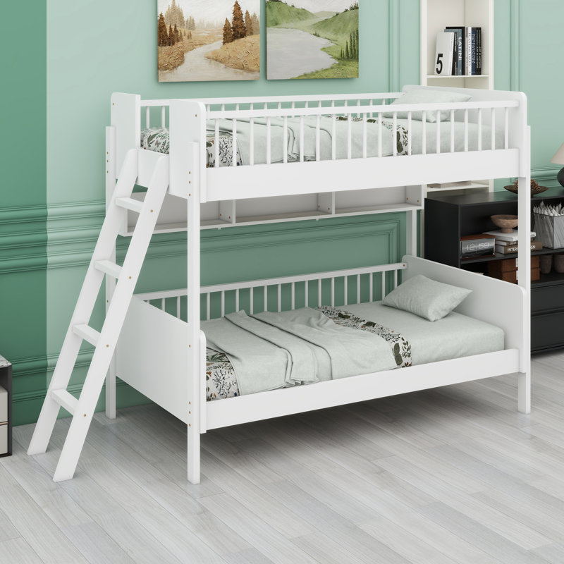 Lit superposé en bois avec tablettes de rangement, Blanc