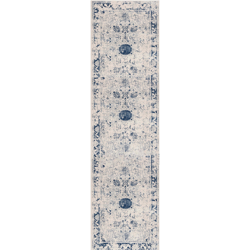 Rug Branch Naveen 2' x 8' (2'3" x 8') Navy Blue/Cream Floral Medallion Indoor Runner Rug, Contemporary, Low Pile, Stain-Resistant Hallway Carpet - Entryway, Mudroom, Bedroom, and Kitchen