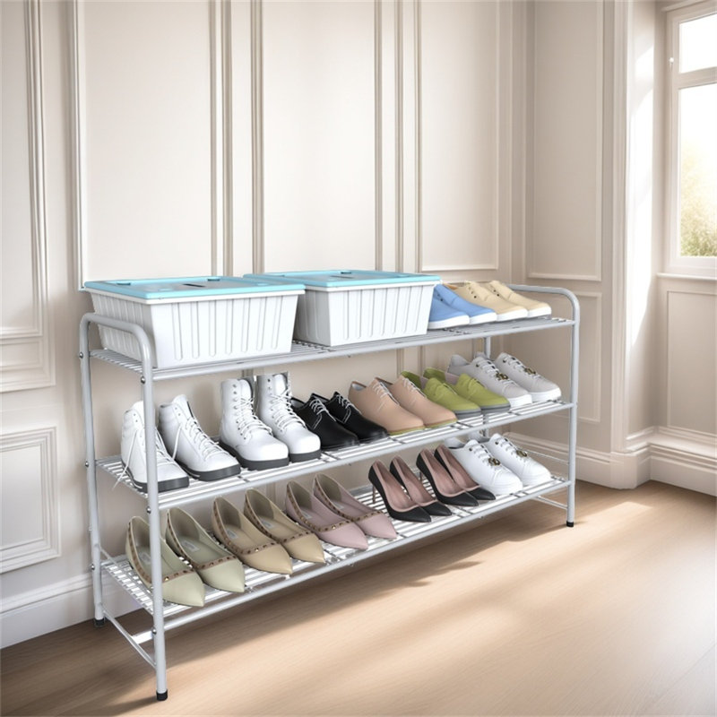 3-Layer Metal Shoe Rack With Adjustable And Stackable Capacity, Used For Wardrobe Entrance, Silver