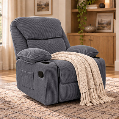 Rocking Recliner Chair, Nursery Rocking Chairs for Adults, 360° Swivel Glider Recliner Chair with Cup Holder, Upholstered Rocking Chairs for Living Room, Corduroy, Dark Grey