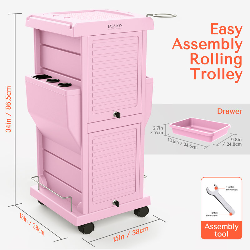 Multifunctional Lockable Utility Salon Trolley Cart For Salon Stations, Pink