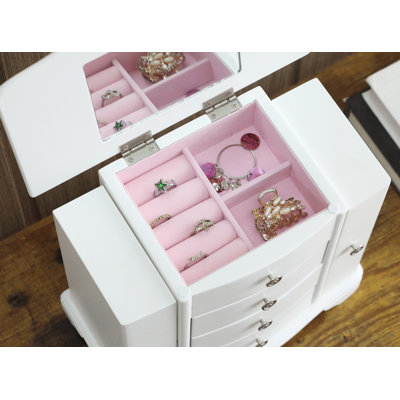White Jewelry Box with Pink Velvet Lining，4 layer jewelry organizer box and attached 2 side doors,jewelry organizer wooden for rings, necklaces and earrings.