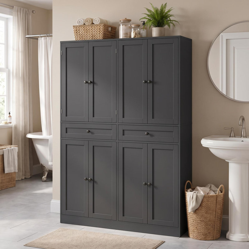 70.5" H Freestanding Bathroom Cabinet With 6 Louvered Doors & 2 Drawers, Black