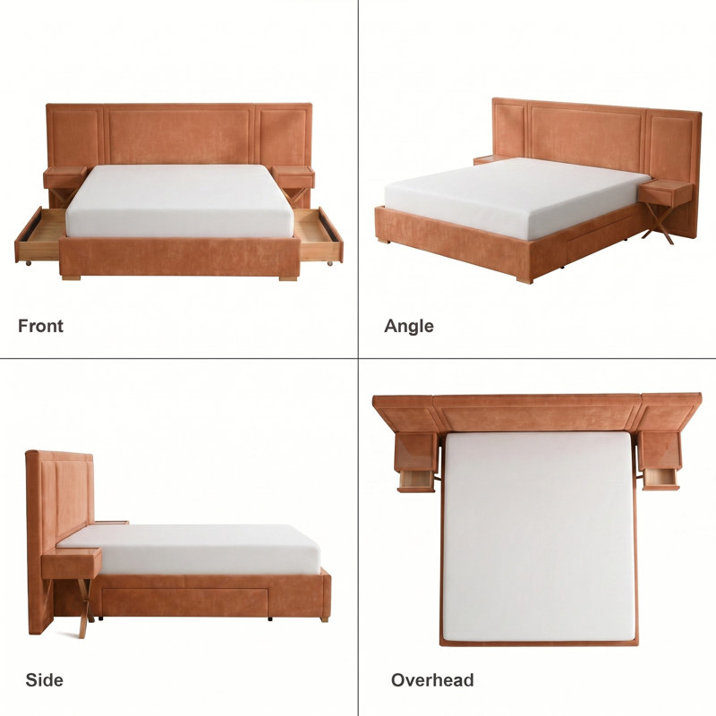 Modern Wide-Panel Upholstered Bed, King, Orange Velvet, King, Orange