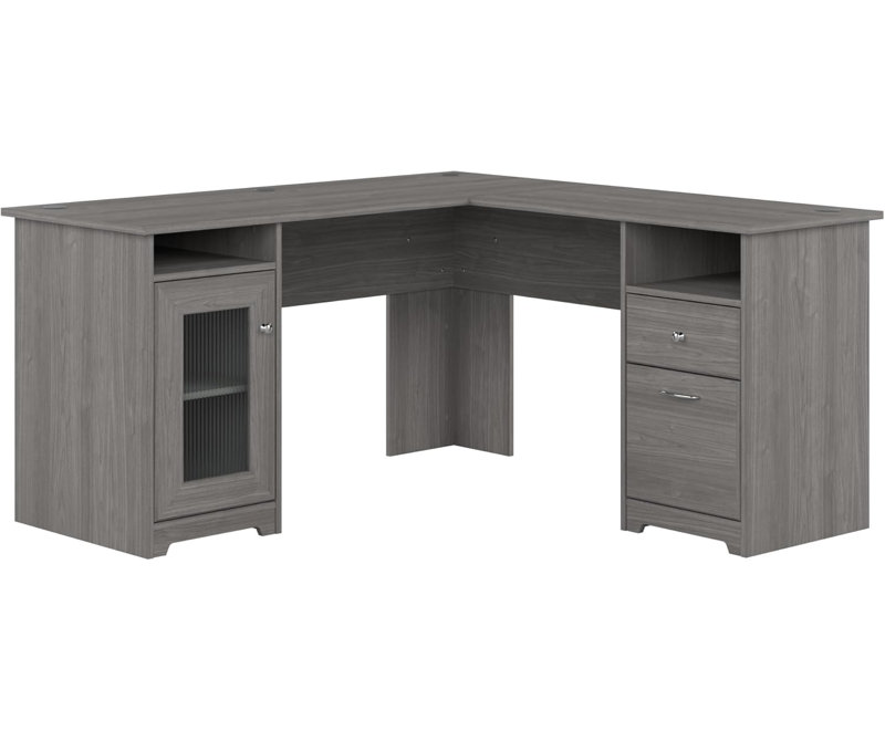 Bureau d'ordinateur en forme de L, bureau de coin gris moderne avec tiroirs et rangement pour l'espace de travail à domicile