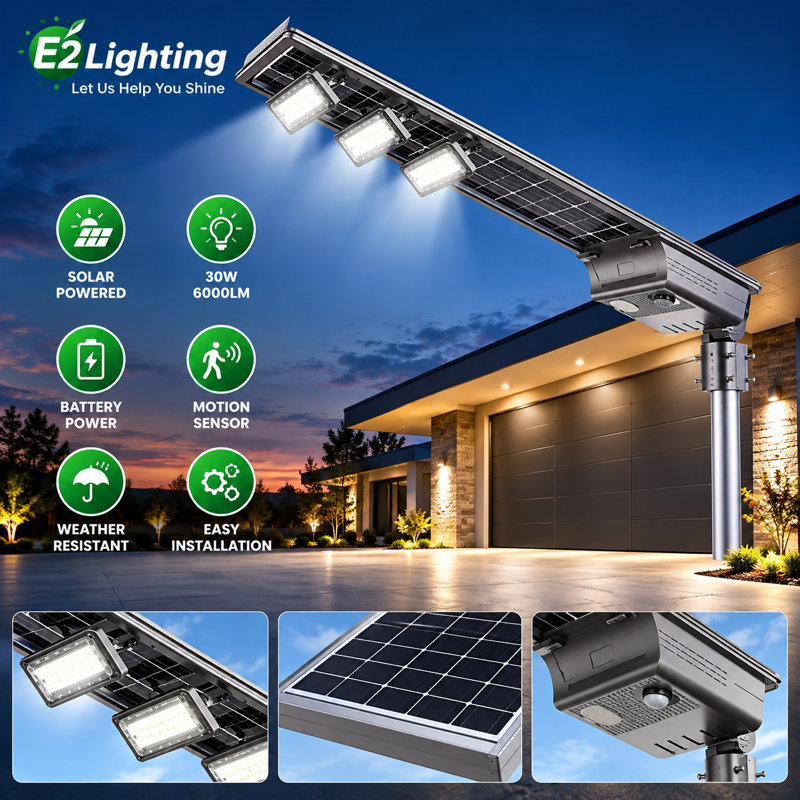 E2 Lighting 30W Solar LED Flood Light with Battery Power, 6000 Lumens, 6000K Daylight, Outdoor Floodlight, 1-Pack