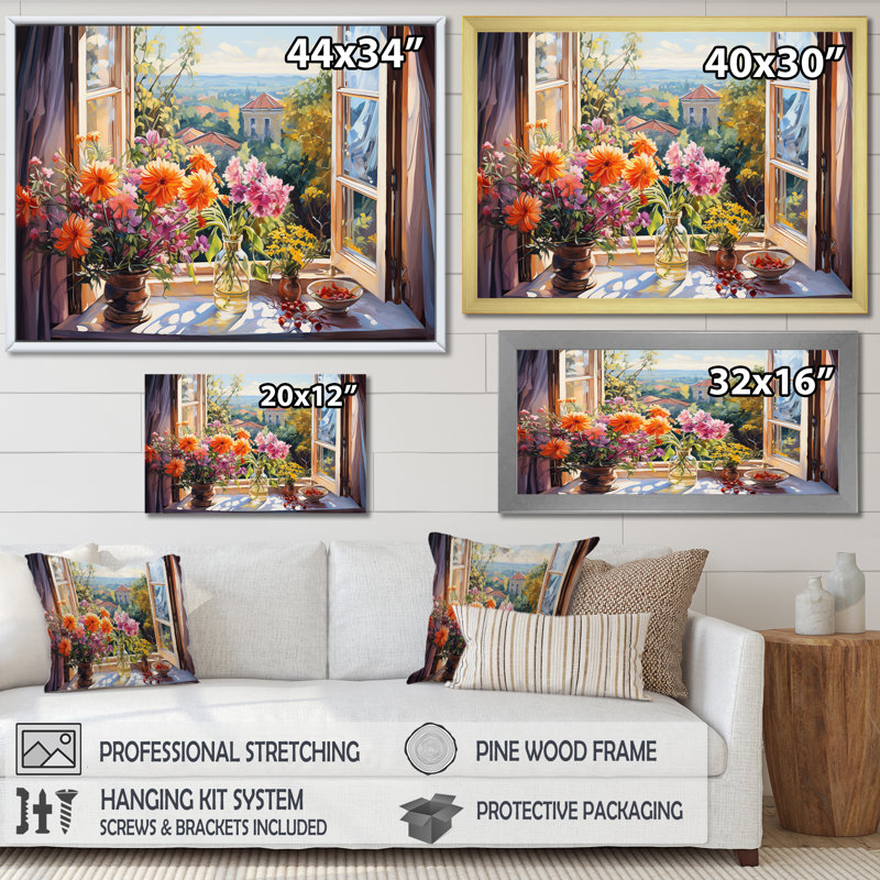 Orange et vert, fenêtre française vue I - Art mural fenêtre, Cadre flottant brun, H 24 po x l 32 po x P 1 po