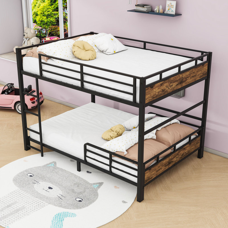 Metal Bunk Bed With Safety Rai, Vintage Wood, Full XL Over Full XL