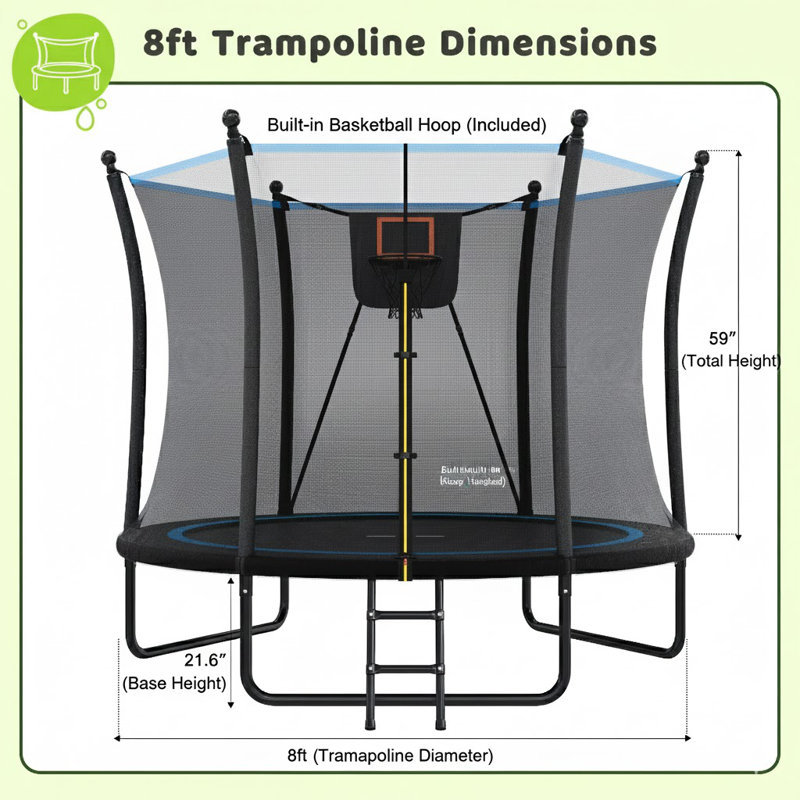 Trampoline d'extérieur 8 pi avec filet d'enclos et échelle - Trampoline récréatif pour enfants et tout-petits