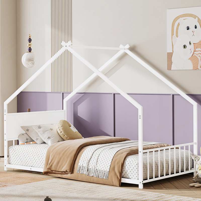 Lit maison avec toit et lumières colorées, cadre de lit en métal avec lattes et pieds, Lit simple, Blanc