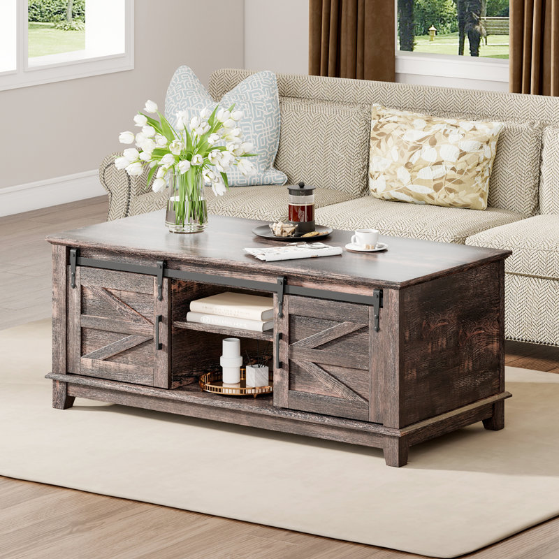 Table basse Hutchison Farmhouse avec portes de grange coulissantes, table de salon de 48 po avec tablettes réglables