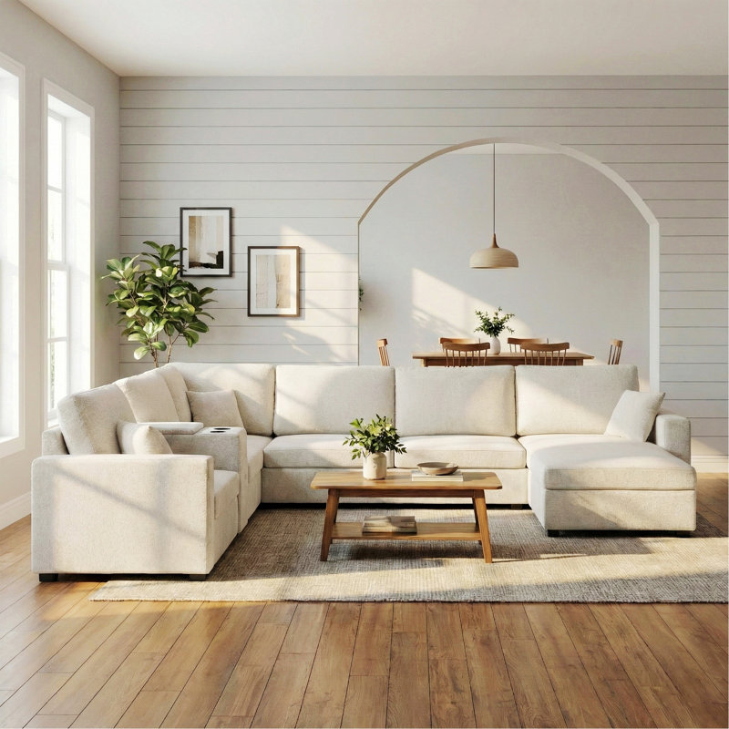 Canapé modulaire 5 places avec porte-gobelets, tiroir de rangement et coussins
