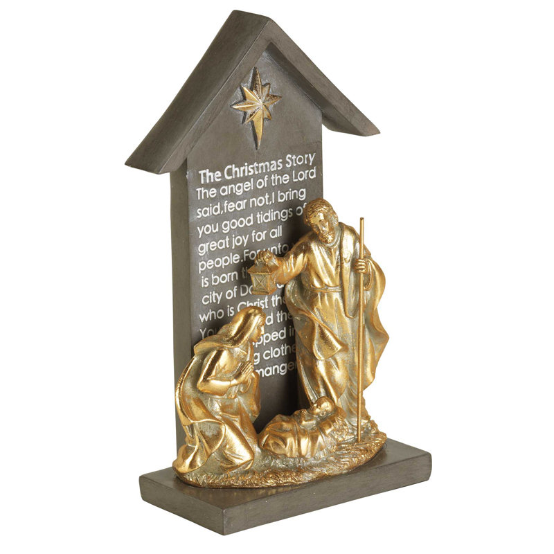 Gold and Gray Resin Holy Family Outdoor Creche 13.25in