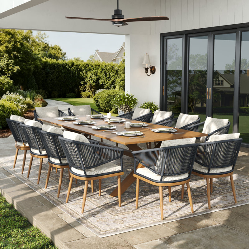 Rectangular Outdoor Dining Set With Cushions, Beige Cushion/Brown/Grey Frame, 12