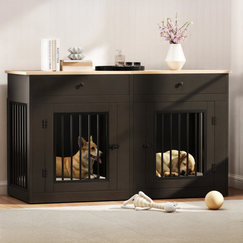 Faaija 60.2" W Engineered Wood Double Dog Crate with Removable Divider, White