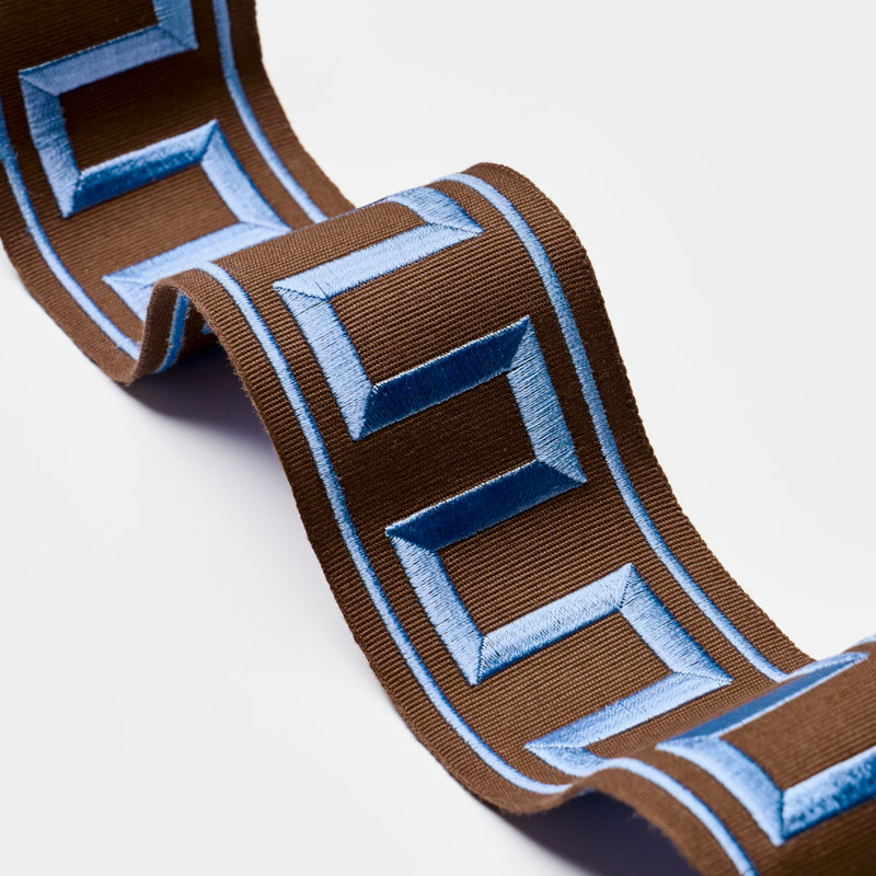 Greek Key Embroidered Tape, Blue/Brown