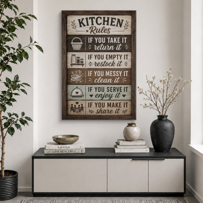 Farmhouse Kitchen Rules Wood Sign Artwork, Kitchen Pictures, Framed Canvas Giclee Print Wall Art