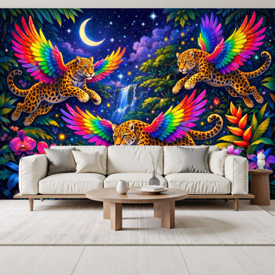 Papier peint adhésif foncé foncé avec des léopards à ailes colorées, jungle tropicale, nuit, fleurs vibrantes, étoiles, papier peint, H 69 po x l 96 po, papier peint amovible en PVC, adhésif pour chambre à coucher, bureau à domicile